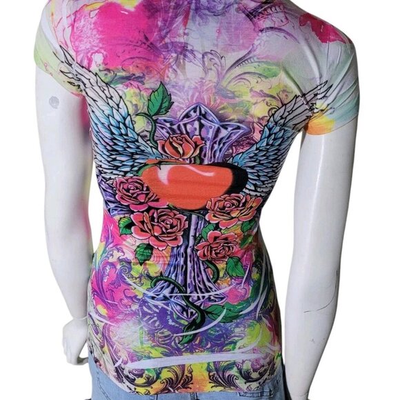 Rose Wing Fleur Scroll Rhinestone Embellished Cap Sleeve Tee T-Shirt - Picture 6 of 8